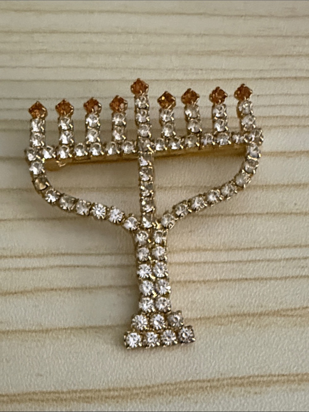 Gold-Tone Crystal Menorah Pin Brooch - Elegant Holiday Jewelry